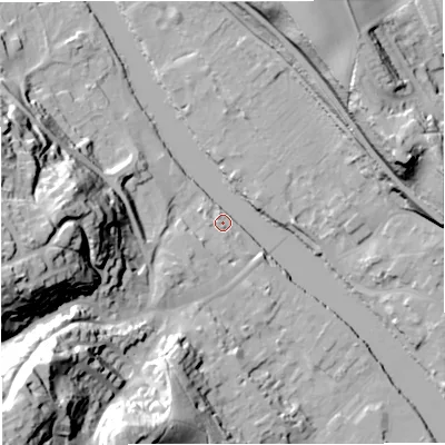 Shaded relief map of the ground around DY122EE, computed from Environment Agency LiDAR. The ground here sits at about 22 m above sea level and falls 60 m across the surrounding 800 m. Surface water reaching this point runs off ground lying to the south-west, 59.0 m higher.