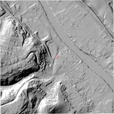 Shaded relief map of the ground around DY122EF, computed from Environment Agency LiDAR. The ground here sits at about 24 m above sea level and falls 66 m across the surrounding 800 m. Surface water reaching this point runs off ground lying to the south-west, 61.3 m higher.