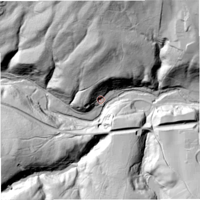 Shaded relief map of the ground around DY122LT, computed from Environment Agency LiDAR. The ground here sits at about 28 m above sea level and falls 68 m across the surrounding 800 m. Surface water reaching this point runs off ground lying to the north, 47.4 m higher.