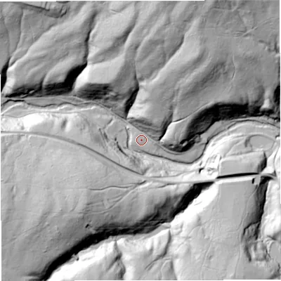 Shaded relief map of the ground around DY122LU, computed from Environment Agency LiDAR. The ground here sits at about 29 m above sea level and falls 65 m across the surrounding 800 m. Surface water reaching this point runs off ground lying to the north-north-east, 31.2 m higher.