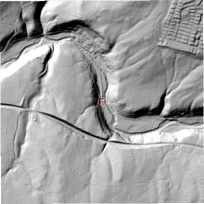 Shaded relief map of the ground around DY122LX, computed from Environment Agency LiDAR. The ground here sits at about 33 m above sea level and falls 75 m across the surrounding 800 m. Surface water reaching this point runs off ground lying to the north-north-east, 69.0 m higher.