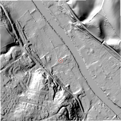Shaded relief map of the ground around DY122RE, computed from Environment Agency LiDAR. The ground here sits at about 23 m above sea level and falls 68 m across the surrounding 800 m. Surface water reaching this point runs off ground lying to the south-west, 32.6 m higher.