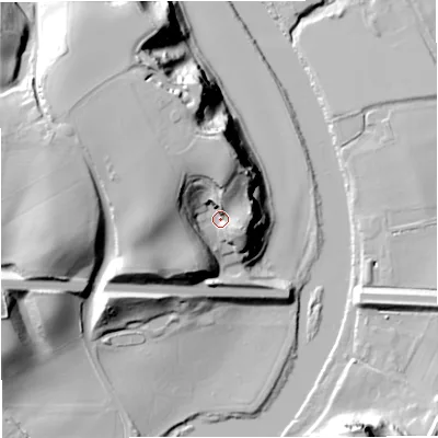 Shaded relief map of the ground around DY122SG, computed from Environment Agency LiDAR. The ground here sits at about 38 m above sea level and falls 42 m across the surrounding 800 m. Surface water reaching this point runs off ground lying to the north-west, 21.7 m higher.