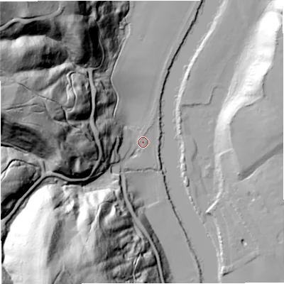 Shaded relief map of the ground around DY122TJ, computed from Environment Agency LiDAR. The ground here sits at about 21 m above sea level and falls 91 m across the surrounding 800 m. Surface water reaching this point runs off ground lying to the west-north-west, 78.0 m higher.