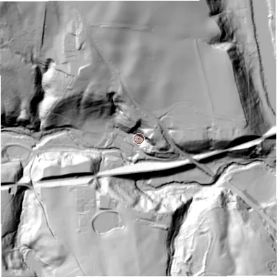 Shaded relief map of the ground around DY123AA, computed from Environment Agency LiDAR. The ground here sits at about 27 m above sea level and falls 67 m across the surrounding 800 m. Surface water reaching this point runs off ground lying to the north, 28.9 m higher.