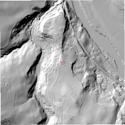 Shaded relief map of the ground around DY123ND, computed from Environment Agency LiDAR. The ground here sits at about 68 m above sea level and falls 70 m across the surrounding 800 m. Surface water reaching this point runs off ground lying to the south-east, 4.8 m higher.