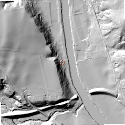 Shaded relief map of the ground around DY123NJ, computed from Environment Agency LiDAR. The ground here sits at about 25 m above sea level and falls 64 m across the surrounding 800 m. Surface water reaching this point runs off ground lying to the west-south-west, 28.9 m higher.