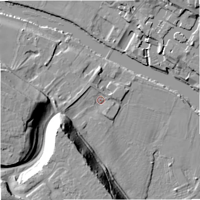 Shaded relief map of the ground around DY130AA, computed from Environment Agency LiDAR. The ground here sits at about 20 m above sea level and falls 33 m across the surrounding 800 m. Surface water reaching this point runs off ground lying to the south-west, 30.1 m higher.