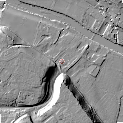 Shaded relief map of the ground around DY130AB, computed from Environment Agency LiDAR. The ground here sits at about 22 m above sea level and falls 33 m across the surrounding 800 m. Surface water reaching this point runs off ground lying to the west-south-west, 20.6 m higher.