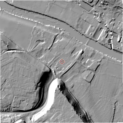 Shaded relief map of the ground around DY130AD, computed from Environment Agency LiDAR. The ground here sits at about 21 m above sea level and falls 28 m across the surrounding 800 m. Surface water reaching this point runs off ground lying to the west-south-west, 20.7 m higher.
