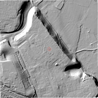 Shaded relief map of the ground around DY130AG, computed from Environment Agency LiDAR. The ground here sits at about 43 m above sea level and falls 41 m across the surrounding 800 m. The ground contributing surface water to this point lies to the west.