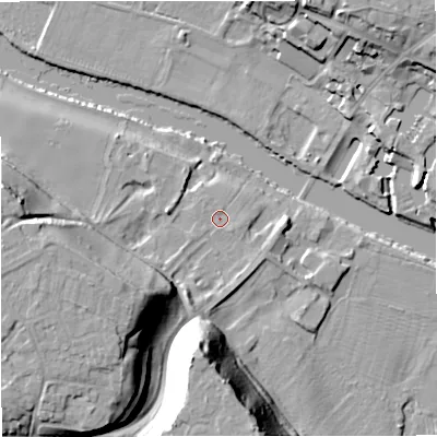 Shaded relief map of the ground around DY130AU, computed from Environment Agency LiDAR. The ground here sits at about 21 m above sea level and falls 26 m across the surrounding 800 m. Surface water reaching this point runs off ground lying to the south-west, 20.7 m higher.