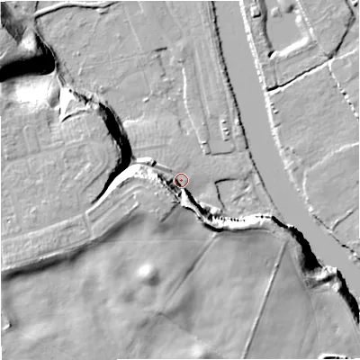 Shaded relief map of the ground around DY130HZ, computed from Environment Agency LiDAR. The ground here sits at about 21 m above sea level and falls 26 m across the surrounding 800 m. Surface water reaching this point runs off ground lying to the west, 22.1 m higher.