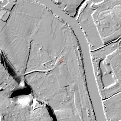 Shaded relief map of the ground around DY130LD, computed from Environment Agency LiDAR. The ground here sits at about 19 m above sea level and falls 26 m across the surrounding 800 m. Surface water reaching this point runs off ground lying to the south-west, 0.7 m higher.