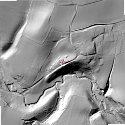 Shaded relief map of the ground around DY130RJ, computed from Environment Agency LiDAR. The ground here sits at about 61 m above sea level and falls 61 m across the surrounding 800 m. Surface water reaching this point runs off ground lying to the north, 23.9 m higher.