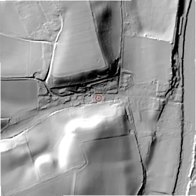Shaded relief map of the ground around DY130RX, computed from Environment Agency LiDAR. The ground here sits at about 26 m above sea level and falls 41 m across the surrounding 800 m. Surface water reaching this point runs off ground lying to the south-west, 30.6 m higher.