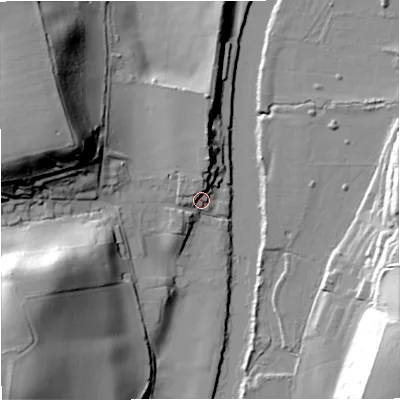 Shaded relief map of the ground around DY130RY, computed from Environment Agency LiDAR. The ground here sits at about 21 m above sea level and falls 38 m across the surrounding 800 m. Surface water reaching this point runs off ground lying to the north, 3.2 m higher.