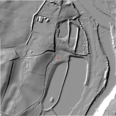 Shaded relief map of the ground around DY130SQ, computed from Environment Agency LiDAR. The ground here sits at about 21 m above sea level and falls 39 m across the surrounding 800 m. Surface water reaching this point runs off ground lying to the north-north-west, 10.9 m higher.