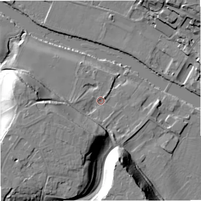 Shaded relief map of the ground around DY130TA, computed from Environment Agency LiDAR. The ground here sits at about 21 m above sea level and falls 27 m across the surrounding 800 m. Surface water reaching this point runs off ground lying to the south-west, 22.2 m higher.