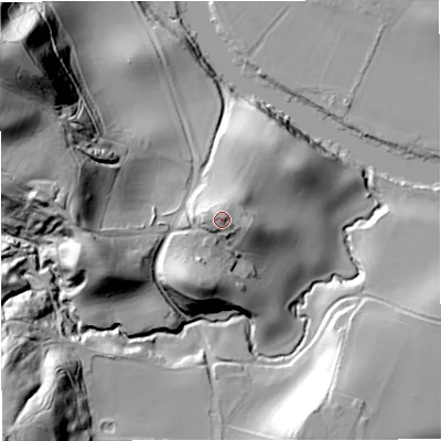 Shaded relief map of the ground around DY130TE, computed from Environment Agency LiDAR. The ground here sits at about 46 m above sea level and falls 70 m across the surrounding 800 m. Surface water reaching this point runs off ground lying to the north-north-east, 5.3 m higher.
