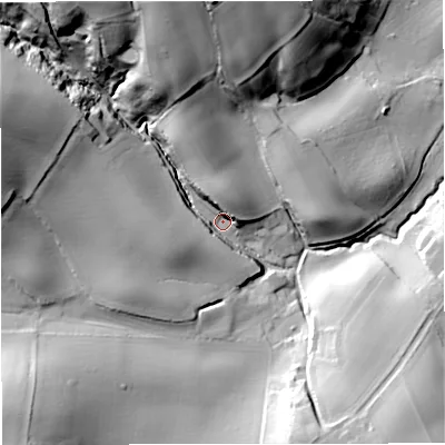Shaded relief map of the ground around DY130TN, computed from Environment Agency LiDAR. The ground here sits at about 51 m above sea level and falls 57 m across the surrounding 800 m. Surface water reaching this point runs off ground lying to the north-west, 46.2 m higher.