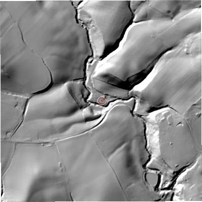 Shaded relief map of the ground around DY130UL, computed from Environment Agency LiDAR. The ground here sits at about 47 m above sea level and falls 63 m across the surrounding 800 m. Surface water reaching this point runs off ground lying to the north-east, 60.7 m higher.