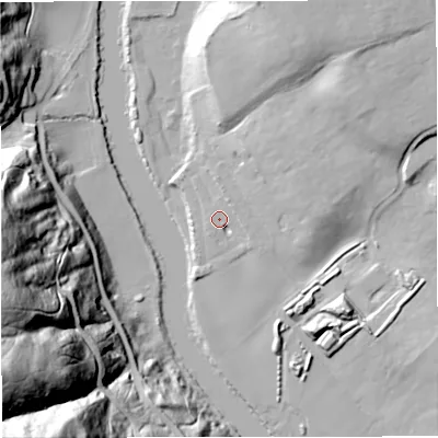 Shaded relief map of the ground around DY138DD, computed from Environment Agency LiDAR. The ground here sits at about 22 m above sea level and falls 76 m across the surrounding 800 m. Surface water reaching this point runs off ground lying to the east-north-east, 4.9 m higher.