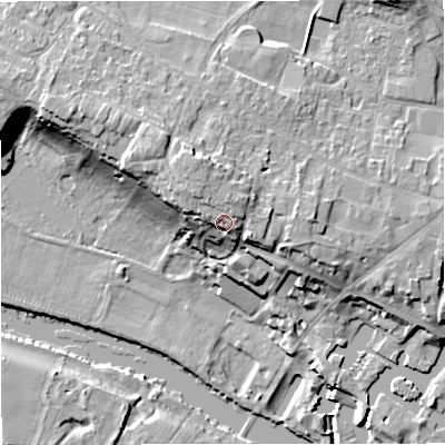 Shaded relief map of the ground around DY138RB, computed from Environment Agency LiDAR. The ground here sits at about 33 m above sea level and falls 18 m across the surrounding 800 m. Surface water reaching this point runs off ground lying to the north-north-west, 1.8 m higher.
