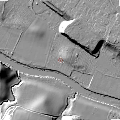 Shaded relief map of the ground around DY138RD, computed from Environment Agency LiDAR. The ground here sits at about 19 m above sea level and falls 21 m across the surrounding 800 m. Surface water reaching this point runs off ground lying to the east-north-east, 4.2 m higher.