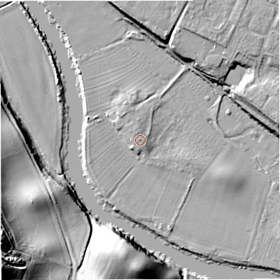 Shaded relief map of the ground around DY138RL, computed from Environment Agency LiDAR. The ground here sits at about 22 m above sea level and falls 38 m across the surrounding 800 m. Surface water reaching this point runs off ground lying to the north-north-west, 1.1 m higher.