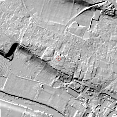 Shaded relief map of the ground around DY138SQ, computed from Environment Agency LiDAR. The ground here sits at about 35 m above sea level and falls 21 m across the surrounding 800 m. Surface water reaching this point runs off ground lying to the east-north-east, 1.2 m higher.