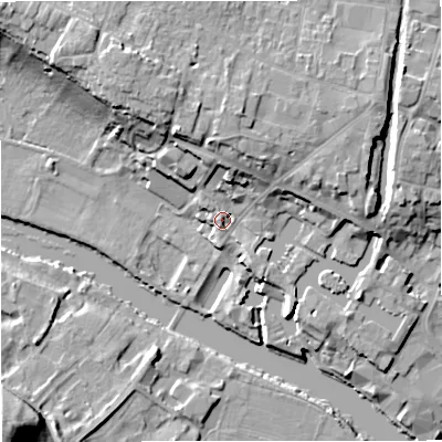 Shaded relief map of the ground around DY138UX, computed from Environment Agency LiDAR. The ground here sits at about 24 m above sea level and falls 24 m across the surrounding 800 m. Surface water reaching this point runs off ground lying to the north, 10.6 m higher.