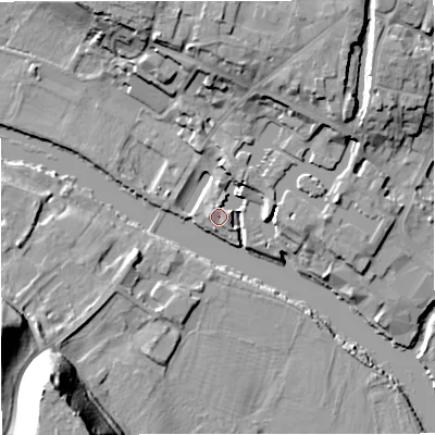 Shaded relief map of the ground around DY138UY, computed from Environment Agency LiDAR. The ground here sits at about 20 m above sea level and falls 26 m across the surrounding 800 m. Surface water reaching this point runs off ground lying to the east-north-east, 1.8 m higher.