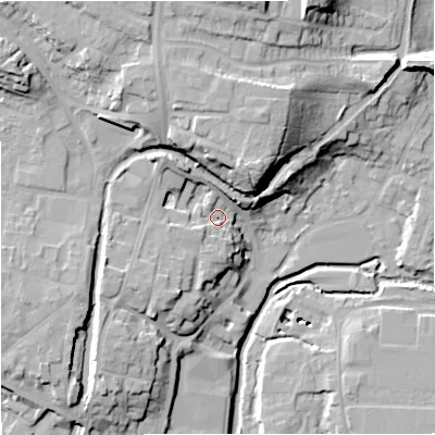 Shaded relief map of the ground around DY139AJ, computed from Environment Agency LiDAR. The ground here sits at about 25 m above sea level and falls 25 m across the surrounding 800 m. Surface water reaching this point runs off ground lying to the north-north-east, 14.8 m higher.