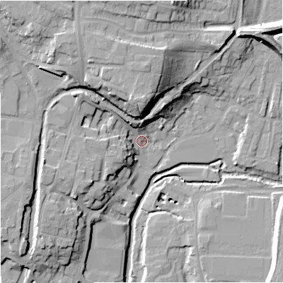 Shaded relief map of the ground around DY139AL, computed from Environment Agency LiDAR. The ground here sits at about 21 m above sea level and falls 24 m across the surrounding 800 m. Surface water reaching this point runs off ground lying to the north, 18.0 m higher.