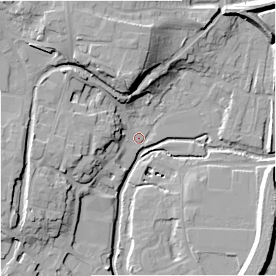 Shaded relief map of the ground around DY139AN, computed from Environment Agency LiDAR. The ground here sits at about 20 m above sea level and falls 24 m across the surrounding 800 m. Surface water reaching this point runs off ground lying to the north-north-west, 19.4 m higher.