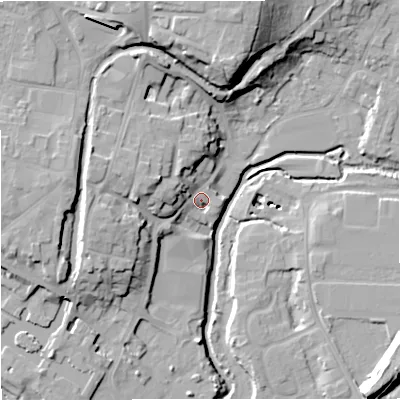 Shaded relief map of the ground around DY139AQ, computed from Environment Agency LiDAR. The ground here sits at about 22 m above sea level and falls 24 m across the surrounding 800 m. Surface water reaching this point runs off ground lying to the west-north-west, 7.3 m higher.