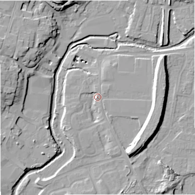 Shaded relief map of the ground around DY139AR, computed from Environment Agency LiDAR. The ground here sits at about 23 m above sea level and falls 20 m across the surrounding 800 m. Surface water reaching this point runs off ground lying to the south-east, 12.1 m higher.