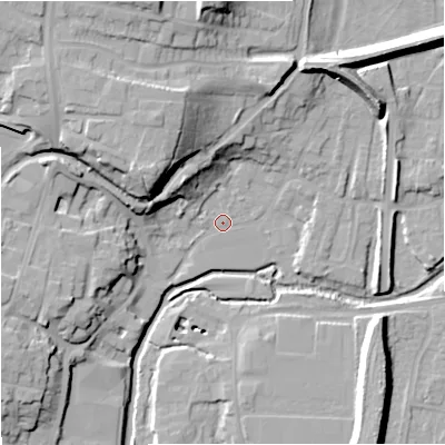 Shaded relief map of the ground around DY139AU, computed from Environment Agency LiDAR. The ground here sits at about 20 m above sea level and falls 25 m across the surrounding 800 m. Surface water reaching this point runs off ground lying to the north-west, 9.2 m higher.