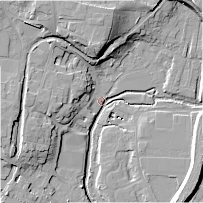 Shaded relief map of the ground around DY139AW, computed from Environment Agency LiDAR. The ground here sits at about 20 m above sea level and falls 24 m across the surrounding 800 m. Surface water reaching this point runs off ground lying to the north, 21.5 m higher.