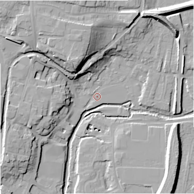 Shaded relief map of the ground around DY139AX, computed from Environment Agency LiDAR. The ground here sits at about 20 m above sea level and falls 24 m across the surrounding 800 m. Surface water reaching this point runs off ground lying to the north-north-west, 19.4 m higher.