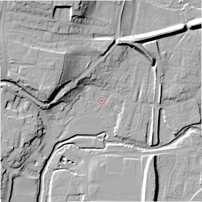 Shaded relief map of the ground around DY139AZ, computed from Environment Agency LiDAR. The ground here sits at about 20 m above sea level and falls 27 m across the surrounding 800 m. Surface water reaching this point runs off ground lying to the north-west, 18.0 m higher.