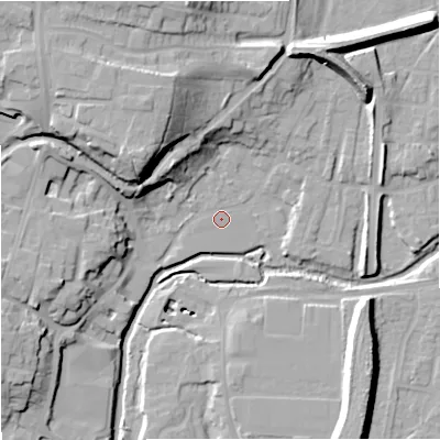 Shaded relief map of the ground around DY139BB, computed from Environment Agency LiDAR. The ground here sits at about 20 m above sea level and falls 24 m across the surrounding 800 m. The ground contributing surface water to this point lies to the west.