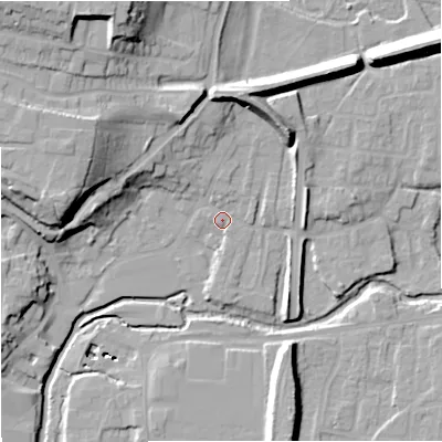 Shaded relief map of the ground around DY139BG, computed from Environment Agency LiDAR. The ground here sits at about 22 m above sea level and falls 27 m across the surrounding 800 m. Surface water reaching this point runs off ground lying to the north-north-east, 2.0 m higher.