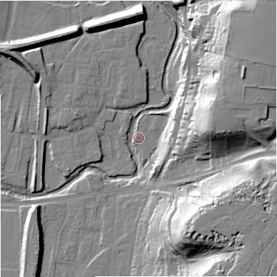 Shaded relief map of the ground around DY139BL, computed from Environment Agency LiDAR. The ground here sits at about 21 m above sea level and falls 40 m across the surrounding 800 m. Surface water reaching this point runs off ground lying to the north, 15.8 m higher.