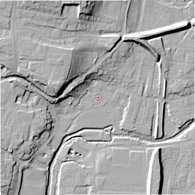 Shaded relief map of the ground around DY139BN, computed from Environment Agency LiDAR. The ground here sits at about 21 m above sea level and falls 27 m across the surrounding 800 m. Surface water reaching this point runs off ground lying to the north-west, 18.0 m higher.