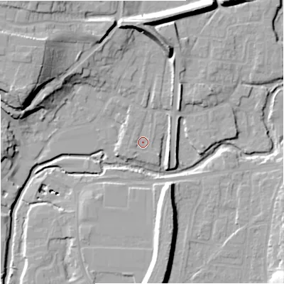 Shaded relief map of the ground around DY139BU, computed from Environment Agency LiDAR. The ground here sits at about 21 m above sea level and falls 24 m across the surrounding 800 m. Surface water reaching this point runs off ground lying to the north, 12.1 m higher.