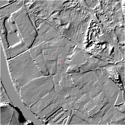Shaded relief map of the ground around DY139BX, computed from Environment Agency LiDAR. The ground here sits at about 21 m above sea level and falls 26 m across the surrounding 800 m. Surface water reaching this point runs off ground lying to the east-north-east, 2.3 m higher.