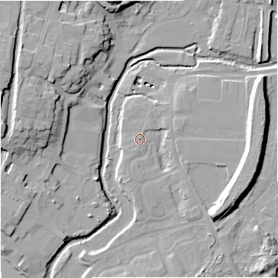 Shaded relief map of the ground around DY139BY, computed from Environment Agency LiDAR. The ground here sits at about 22 m above sea level and falls 18 m across the surrounding 800 m. Surface water reaching this point runs off ground lying to the east-south-east, 12.1 m higher.