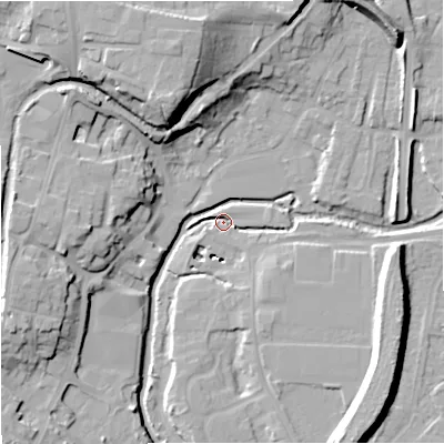 Shaded relief map of the ground around DY139BZ, computed from Environment Agency LiDAR. The ground here sits at about 19 m above sea level and falls 24 m across the surrounding 800 m. Surface water reaching this point runs off ground lying to the south-south-east, 13.3 m higher.